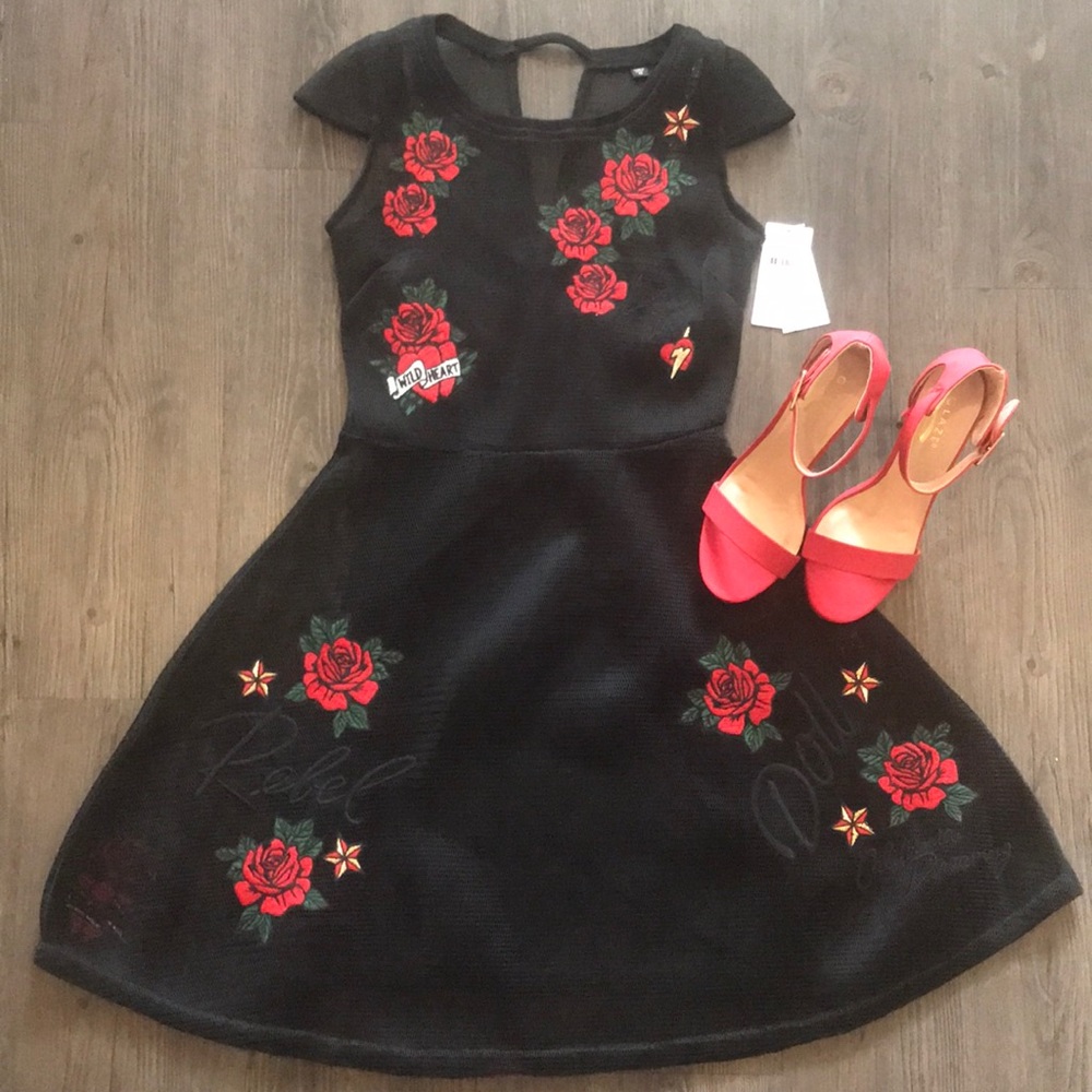 GUESS Los Angeles Jet Black Red Roses Mesh Dress